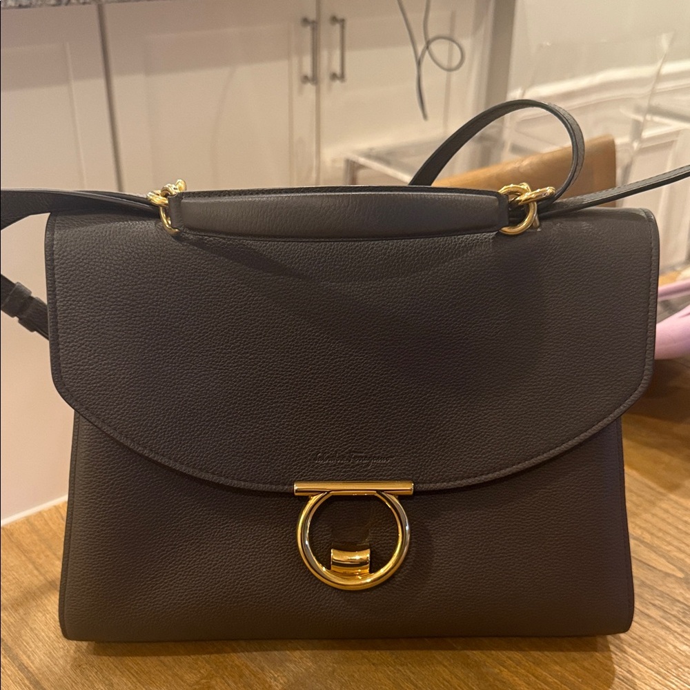 Salvatore Ferragamo Elegant Gray and Gold Shoulder Bag Gancini top handle bag